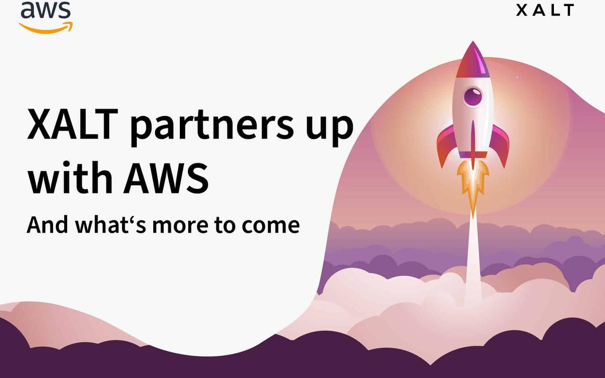 XALT und AWS Logos mit dem Text XALT partners up with AWS über einer Raketen-Illustration, die durch lila Wolken steigt.
