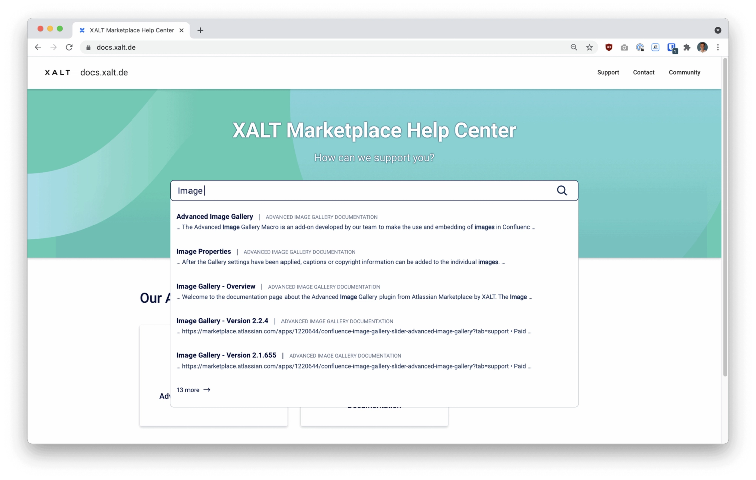Suche im XALT Marketplace Help Center: Die Eingabe „Image“ zeigt sofort passende Artikel aus der Dokumentation