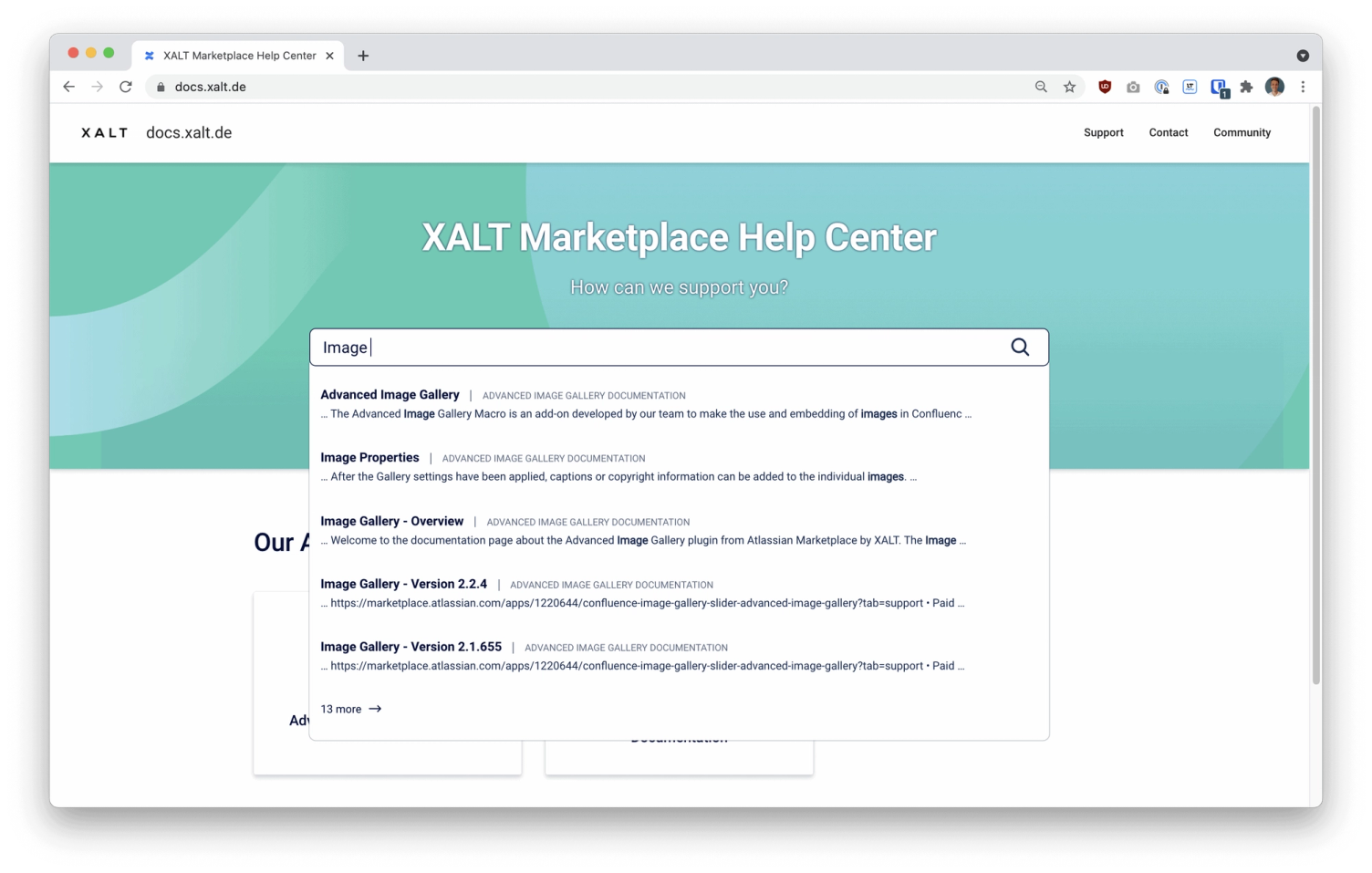 Suche im XALT Marketplace Help Center: Die Eingabe „Image“ zeigt sofort passende Artikel aus der Dokumentation