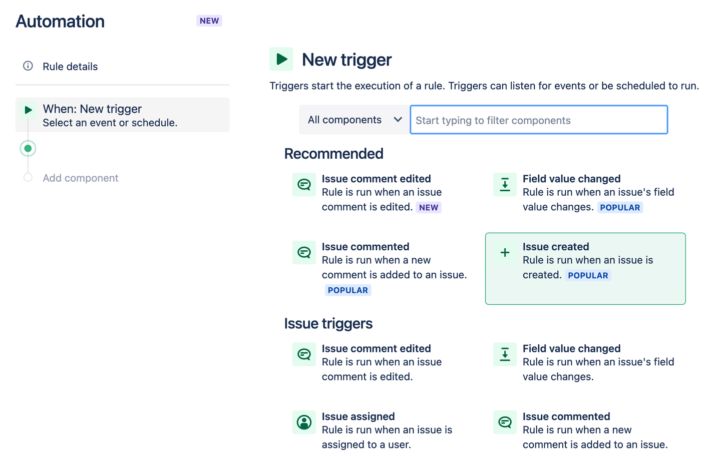 Screenshot of an automation rule editor with a selection of triggers
