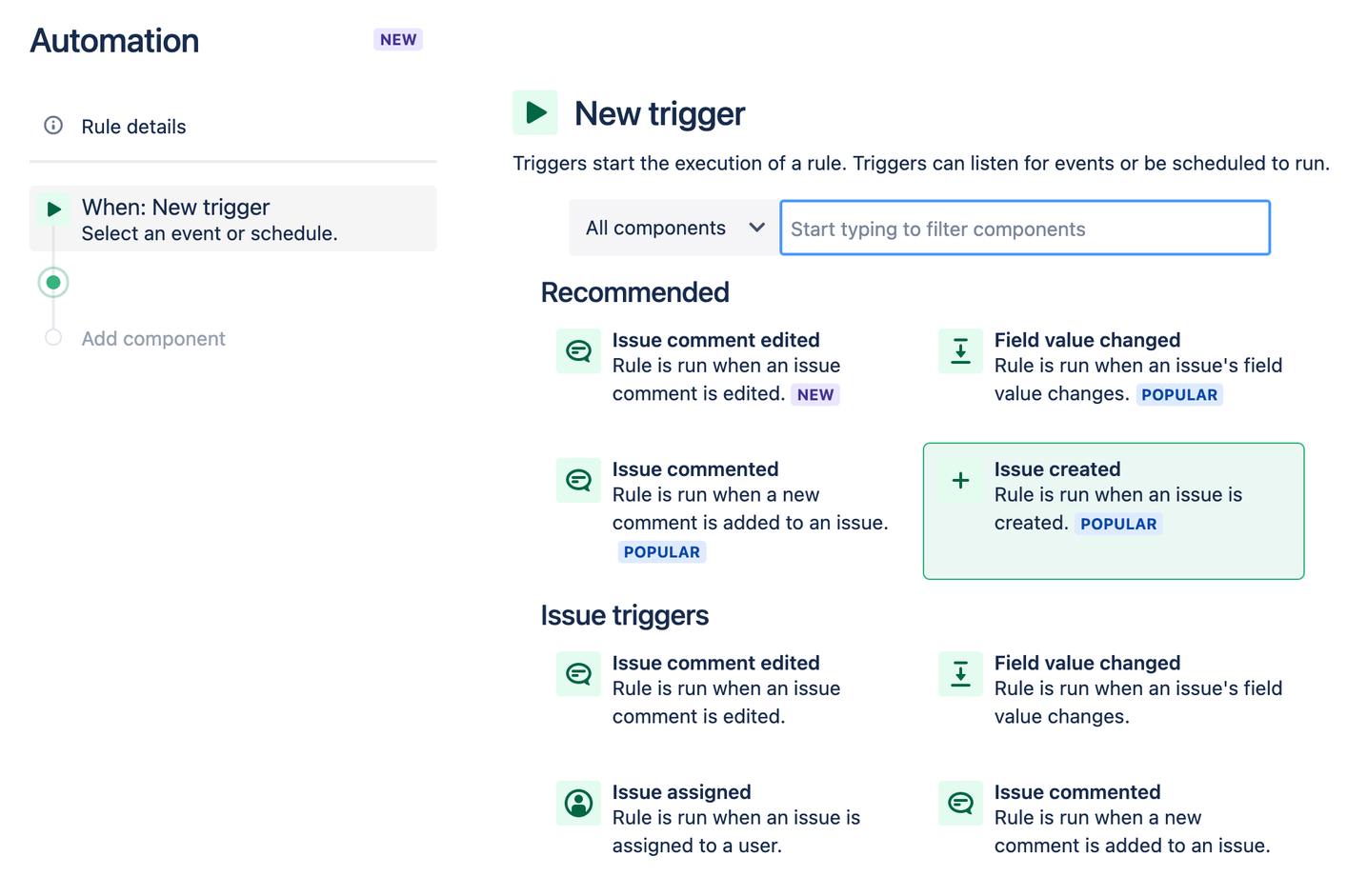 Screenshot of an automation rule editor with a selection of triggers
