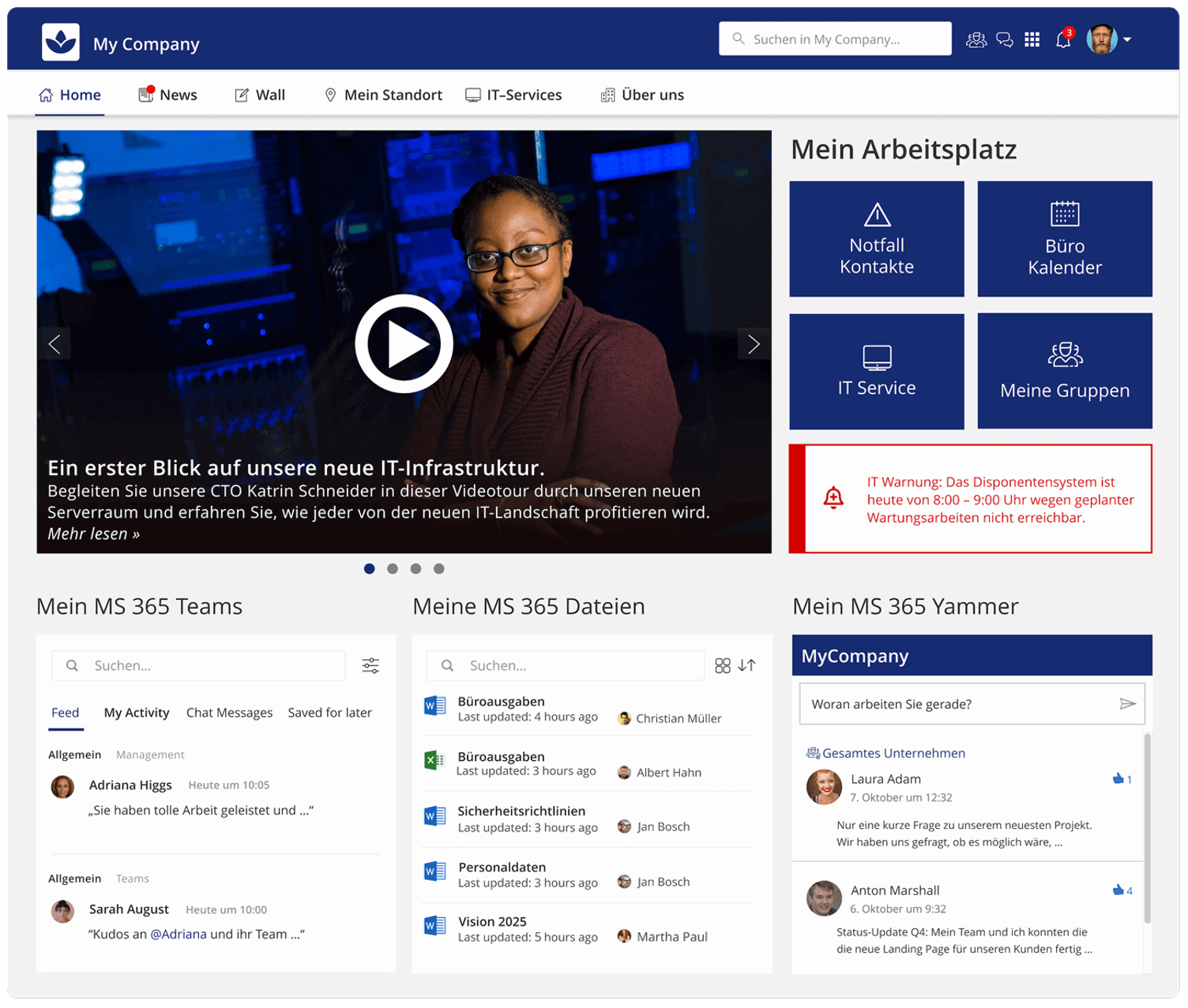 Startseite eines Intranets: ein Video-Banner, Schnellzugriffe wie Notfallkontakte und IT-Service, darunter Spalten mit Teams, Dateien und Beiträgen