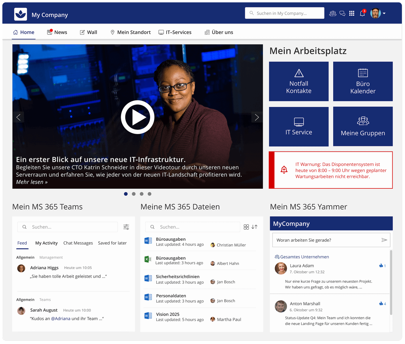 Startseite eines Intranets: ein Video-Banner, Schnellzugriffe wie Notfallkontakte und IT-Service, darunter Spalten mit Teams, Dateien und Beiträgen