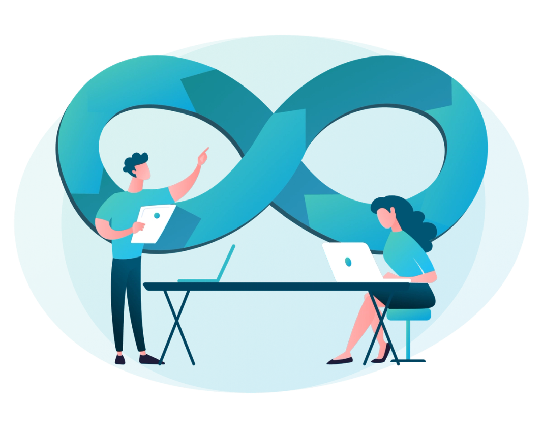Two people at a long table, with a large infinity symbol behind them