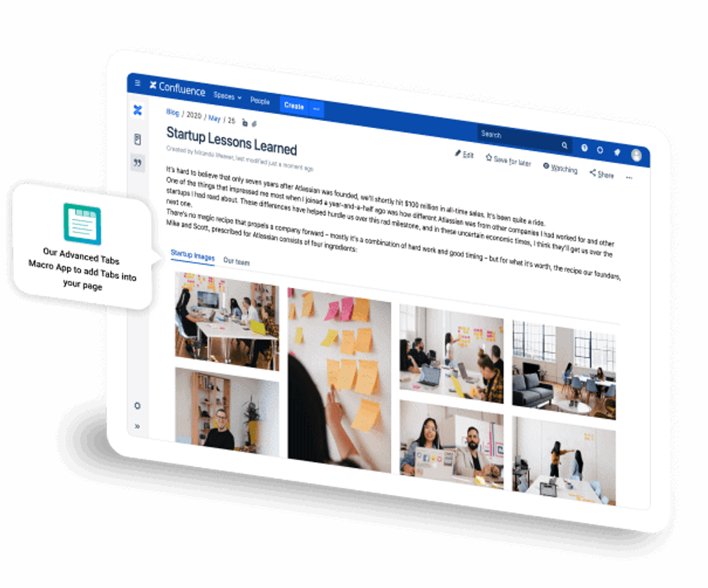 Eine Confluence-Seite mit Reitern zur Gliederung, dargestellt auf einem Tablet