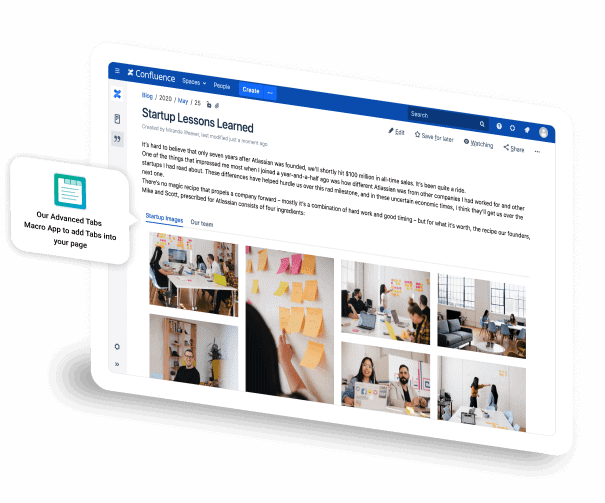 Eine Confluence-Seite mit Reitern zur Gliederung, dargestellt auf einem Tablet