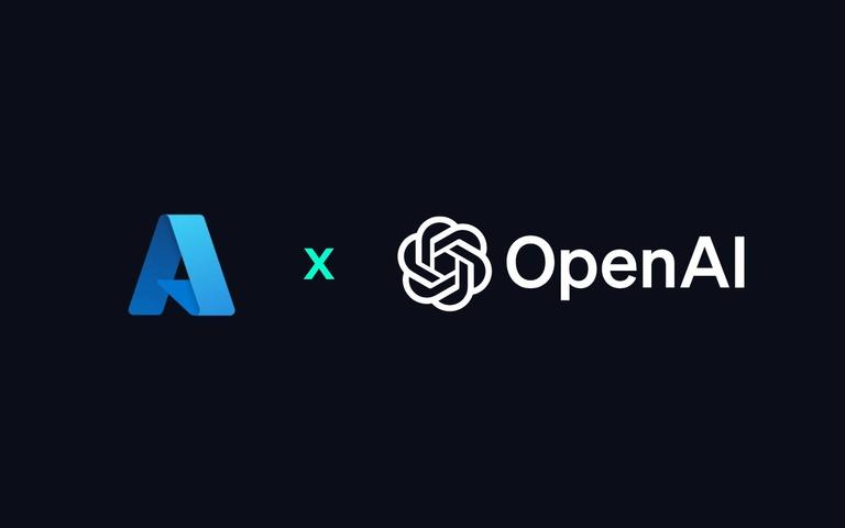 Grafik auf dunklem Grund: das Azure-Logo, ein Mal-Zeichen und das OpenAI-Logo mit Schriftzug