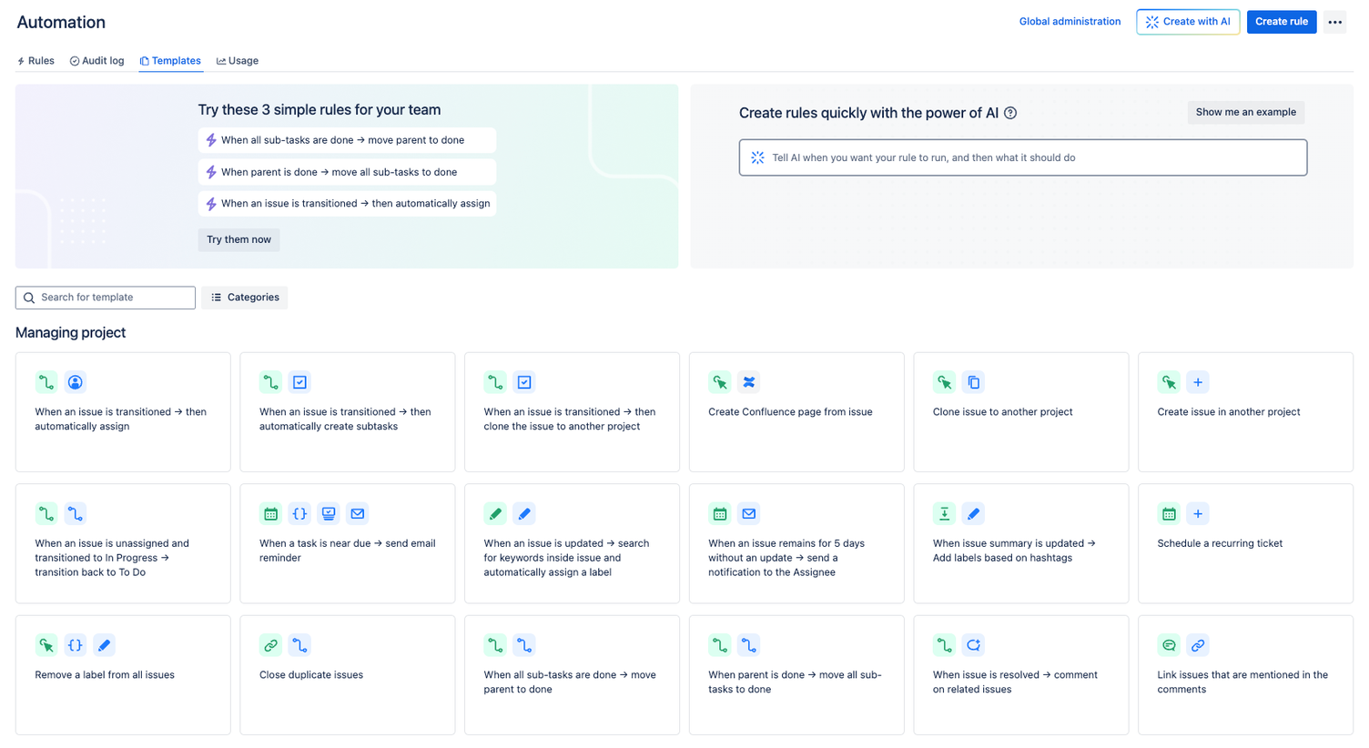 Die Vorlagenseite der Jira-Automatisierung: Kacheln mit Regeln wie „When an issue is transitioned → then automatically assign“, dazu ein KI-Eingabefeld