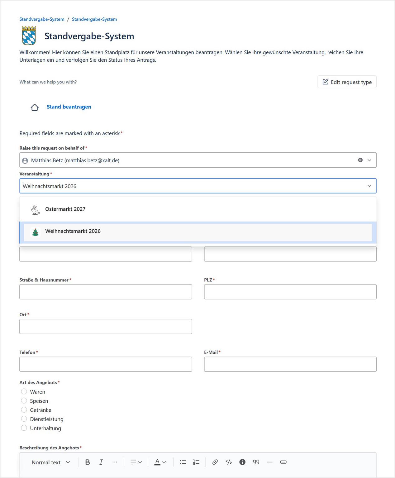 Form: applying for a stall in the self-service portal