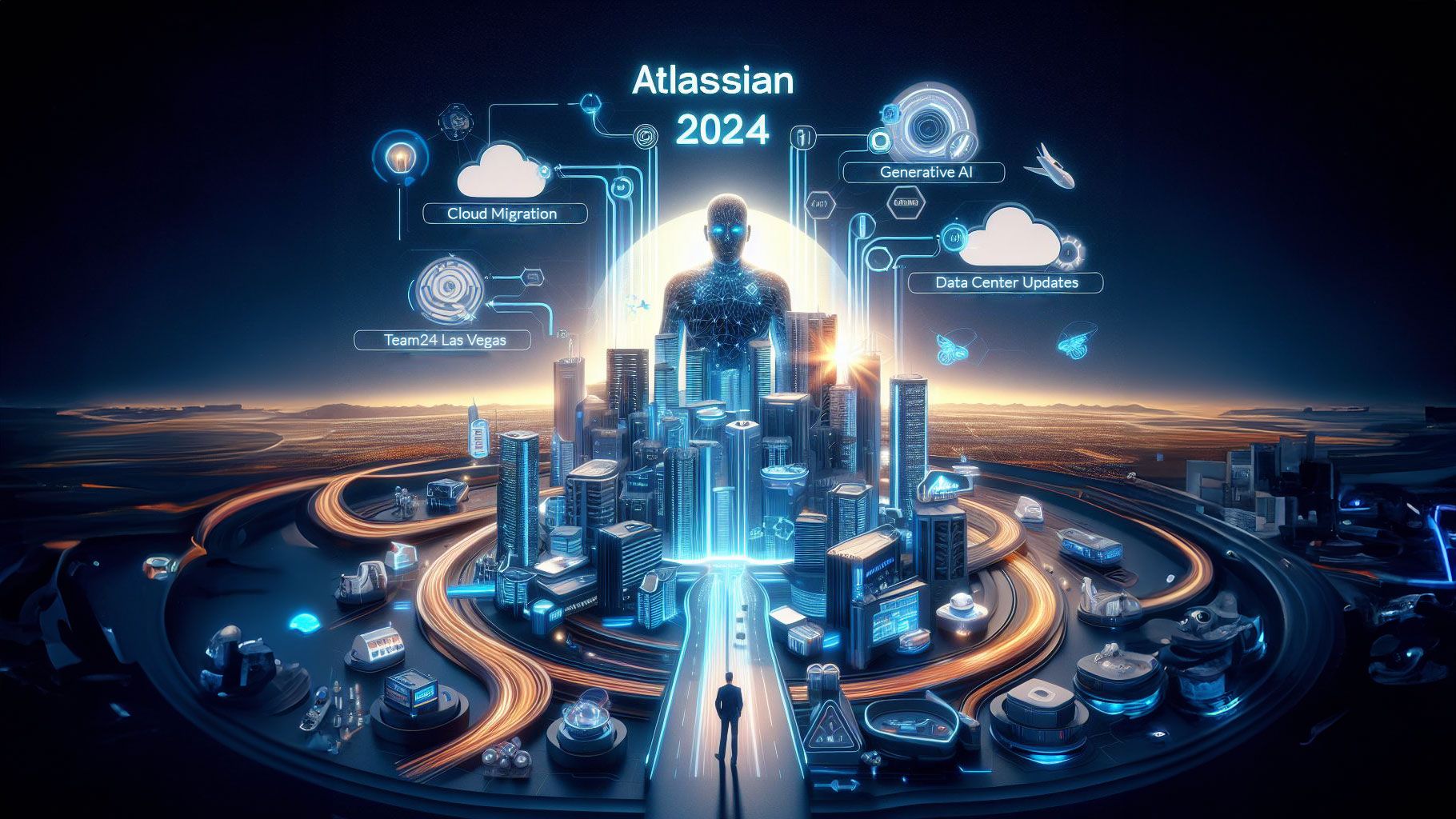 Futuristische Stadt mit holografischen Elementen zu Atlassian 2024: Cloud-Migration, generative KI, Team24 Las Vegas.