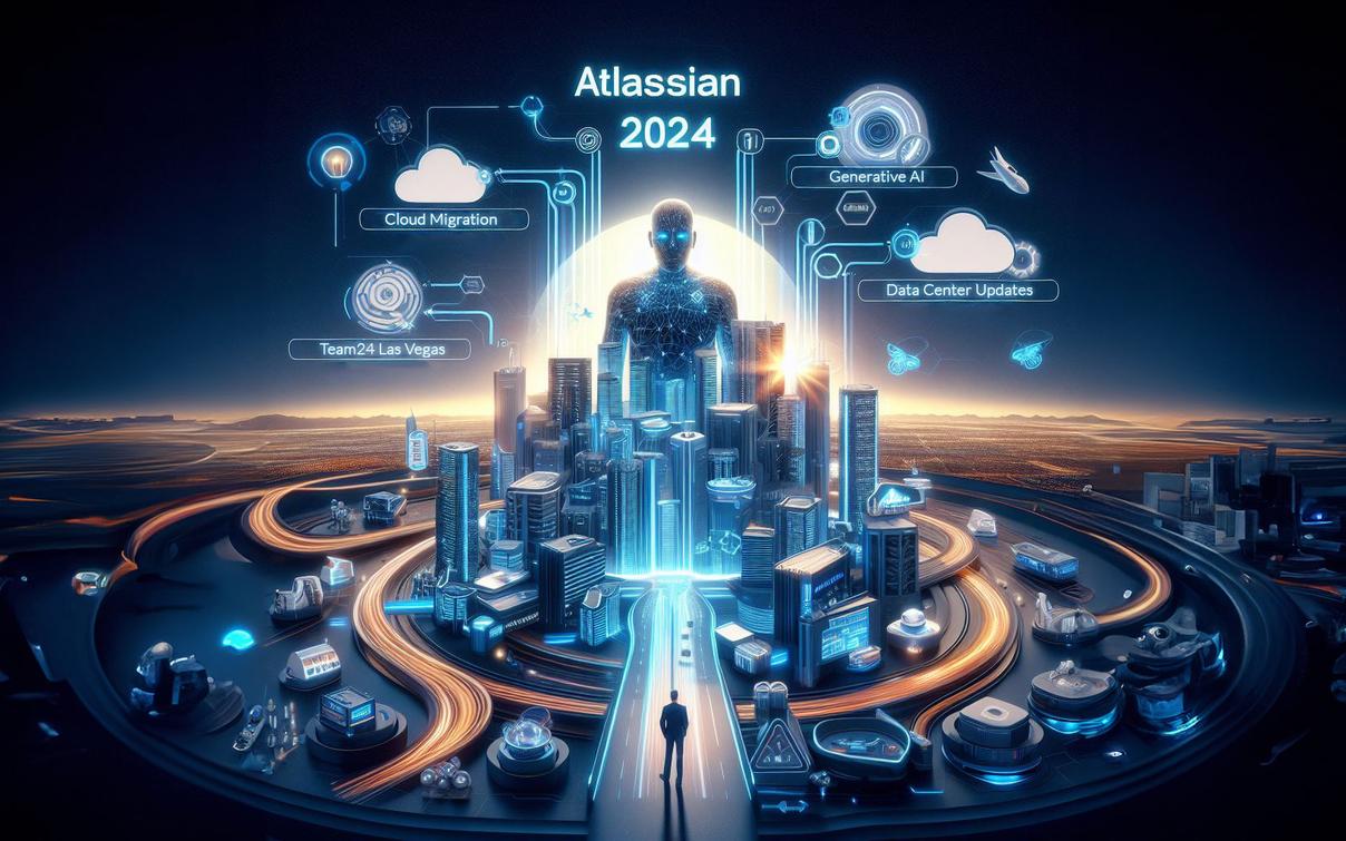Futuristische Stadt mit holografischen Elementen zu Atlassian 2024: Cloud-Migration, generative KI, Team24 Las Vegas.