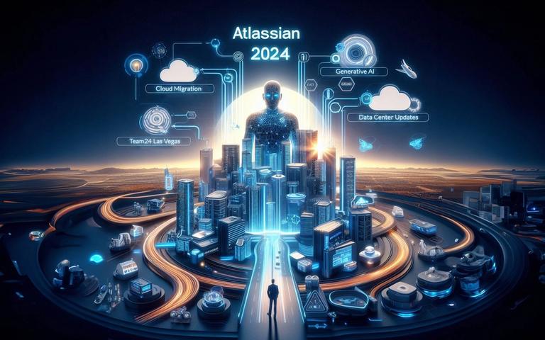 Futuristic city with holographic elements for Atlassian 2024: cloud migration, generative AI, Team24 Las Vegas.