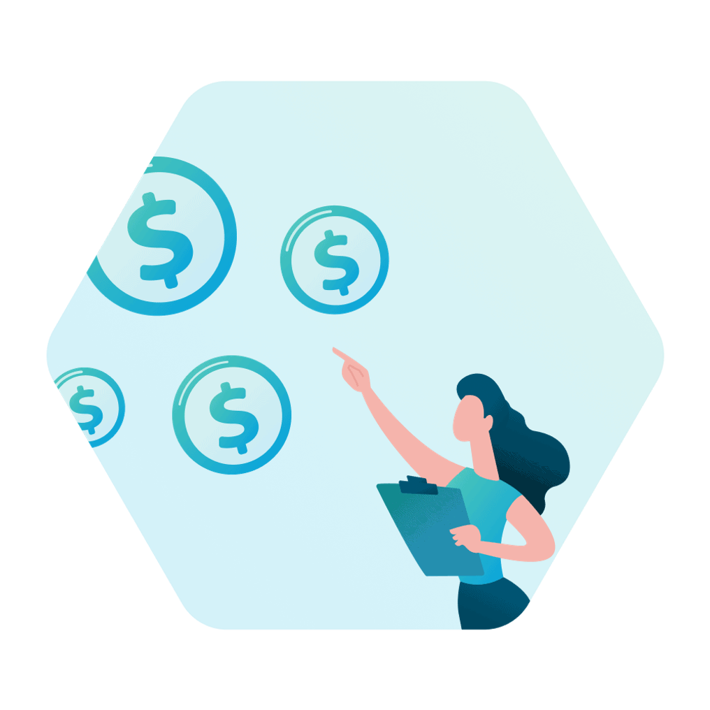 A woman with a clipboard points at several floating coins