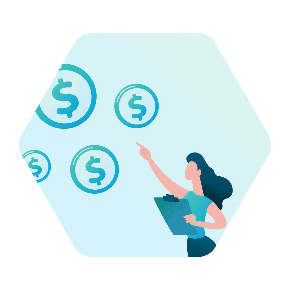 A woman with a clipboard points at several floating coins