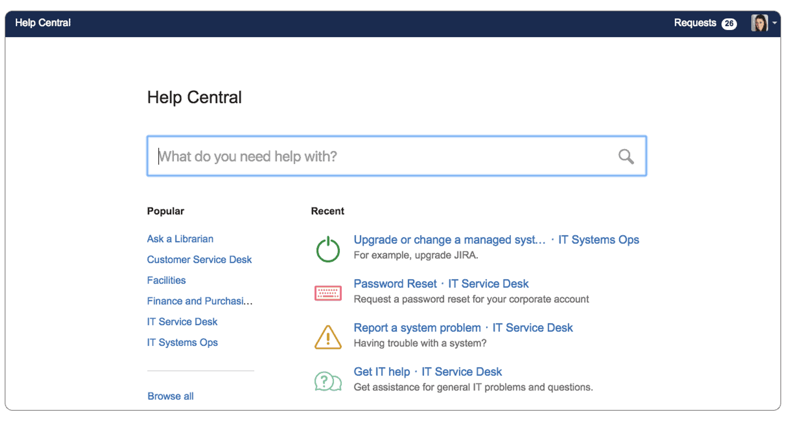Das Startportal ‘Help Central’ mit Suchfeld und den Spalten Popular und Recent
