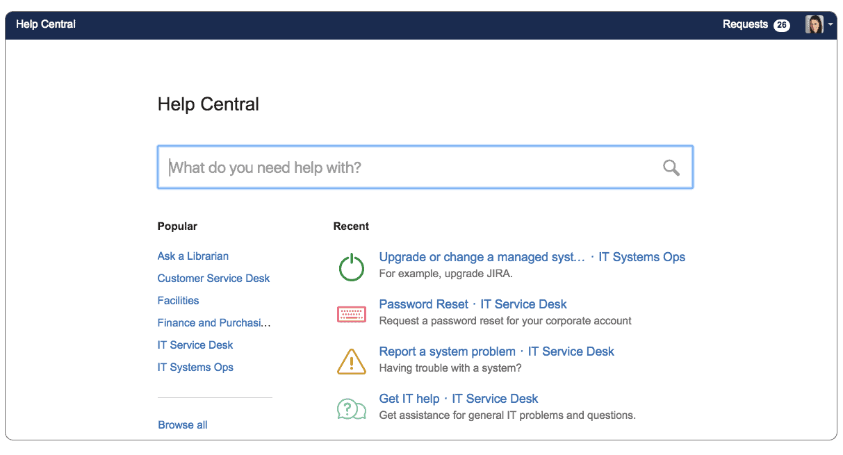 Das Startportal ‘Help Central’ mit Suchfeld und den Spalten Popular und Recent