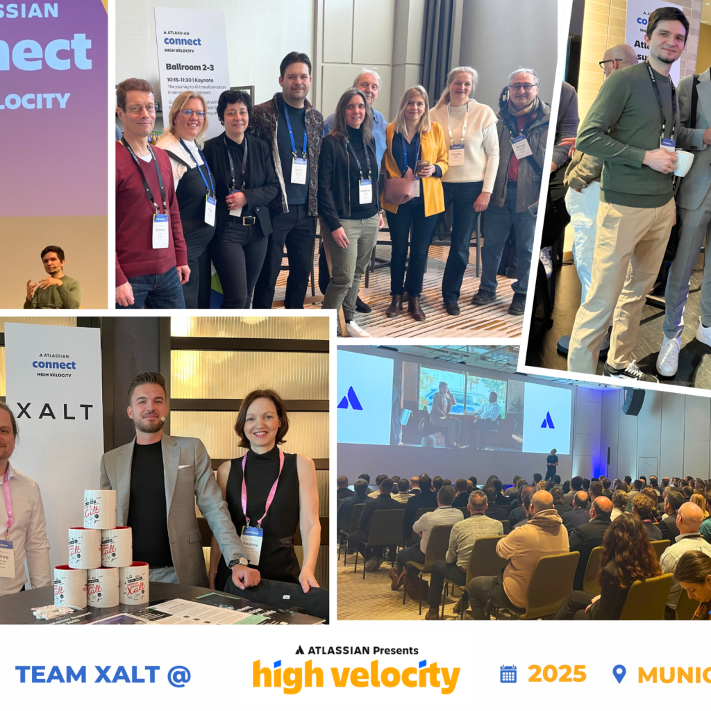 Collage vom XALT-Team auf der Atlassian Connect High Velocity 2025 in München mit Booth, Publikum und Vorträgen.