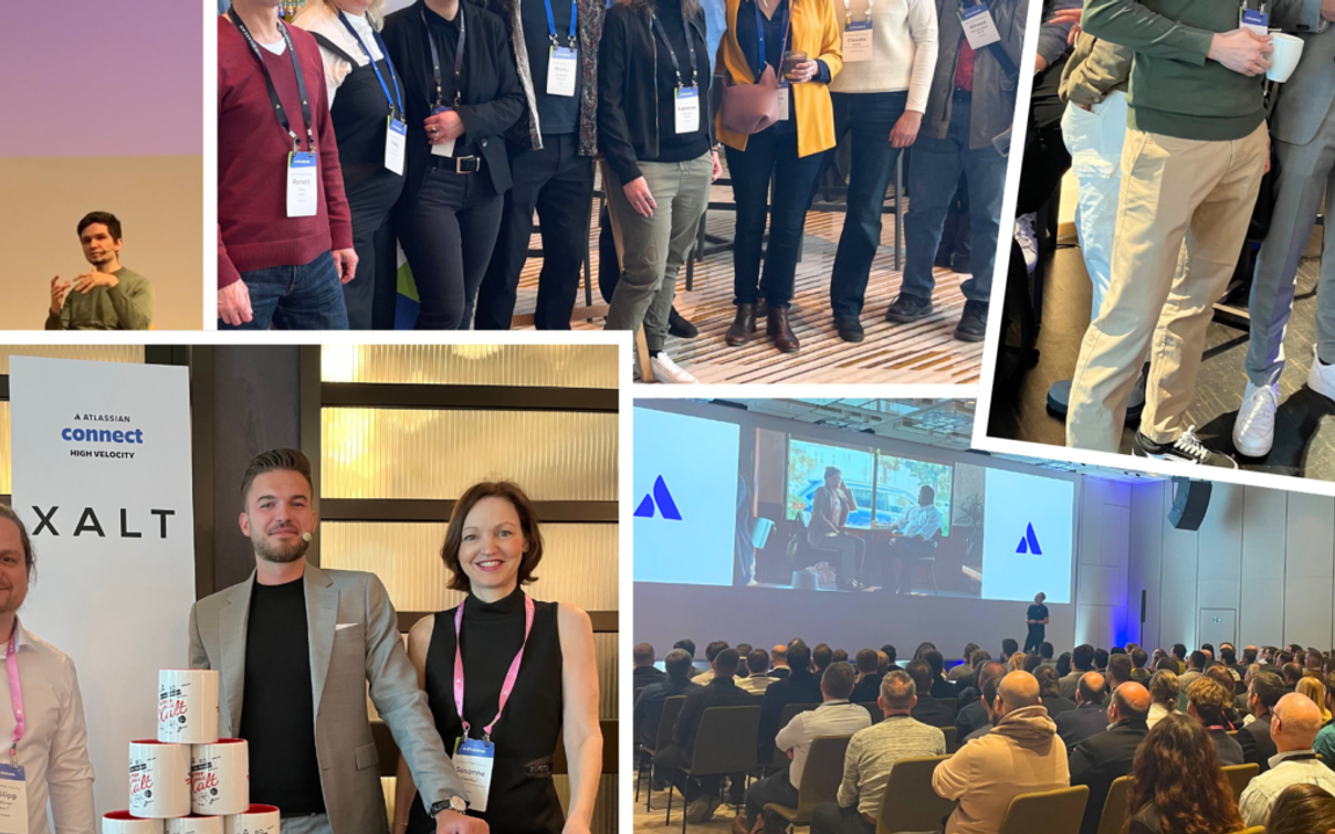 Collage vom XALT-Team auf der Atlassian Connect High Velocity 2025 in München mit Booth, Publikum und Vorträgen.
