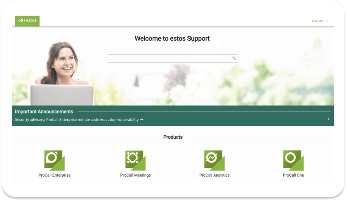 Startseite von support.estos.de mit Suchfeld, einem Hinweisband für wichtige Meldungen und vier Produktkacheln: ProCall Enterprise, Meetings, Analytics und One