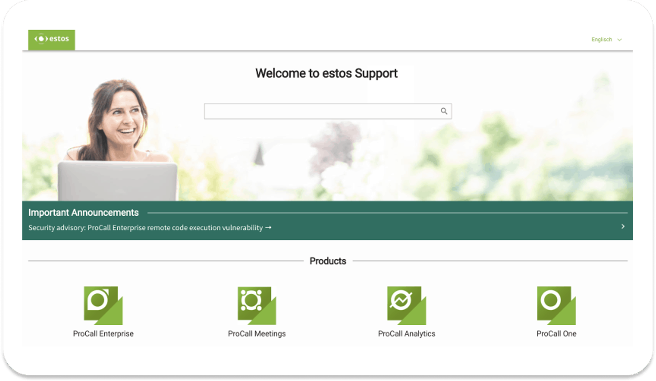 Startseite von support.estos.de mit Suchfeld, einem Hinweisband für wichtige Meldungen und vier Produktkacheln: ProCall Enterprise, Meetings, Analytics und One
