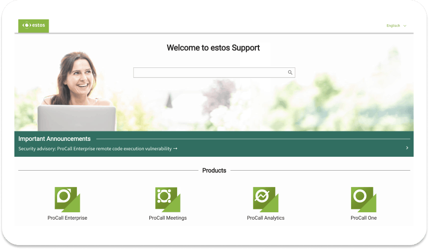 Startseite von support.estos.de mit Suchfeld, einem Hinweisband für wichtige Meldungen und vier Produktkacheln: ProCall Enterprise, Meetings, Analytics und One