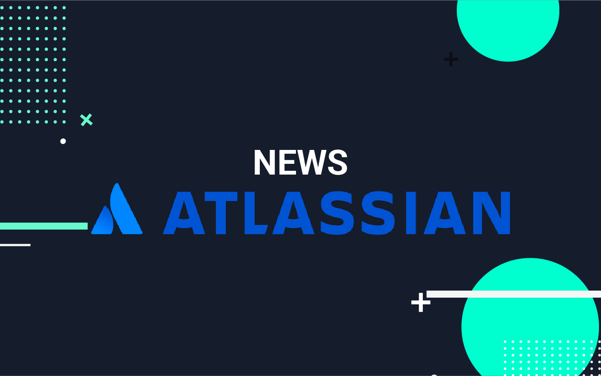 Atlassian News Banner: blaues Atlassian-Logo und "NEWS" auf dunklem Hintergrund mit türkisfarbenen geometrischen Formen.