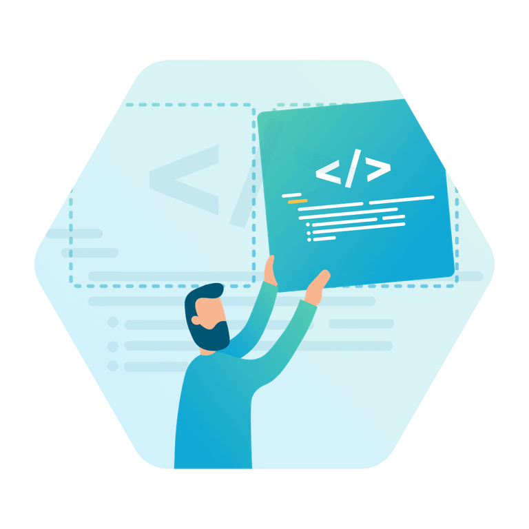 A person holds a board with a code symbol and abstract lines of text