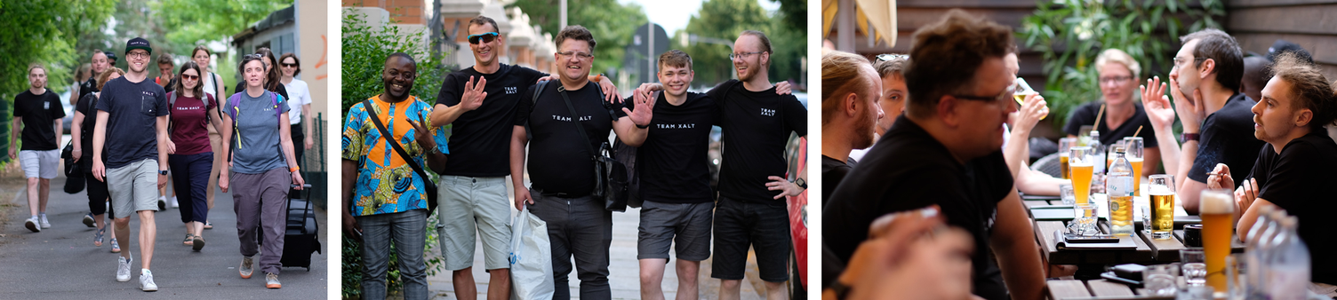 Drei Fotos vom XALT-Teamevent: die Gruppe unterwegs auf einem Weg, eine posierende Gruppe auf der Straße, eine Runde an einem Biertisch