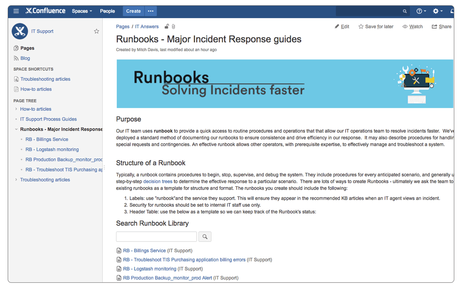 Eine Confluence-Seite ‘Runbooks – Major Incident Response guides’ mit Suchleiste und Artikelliste