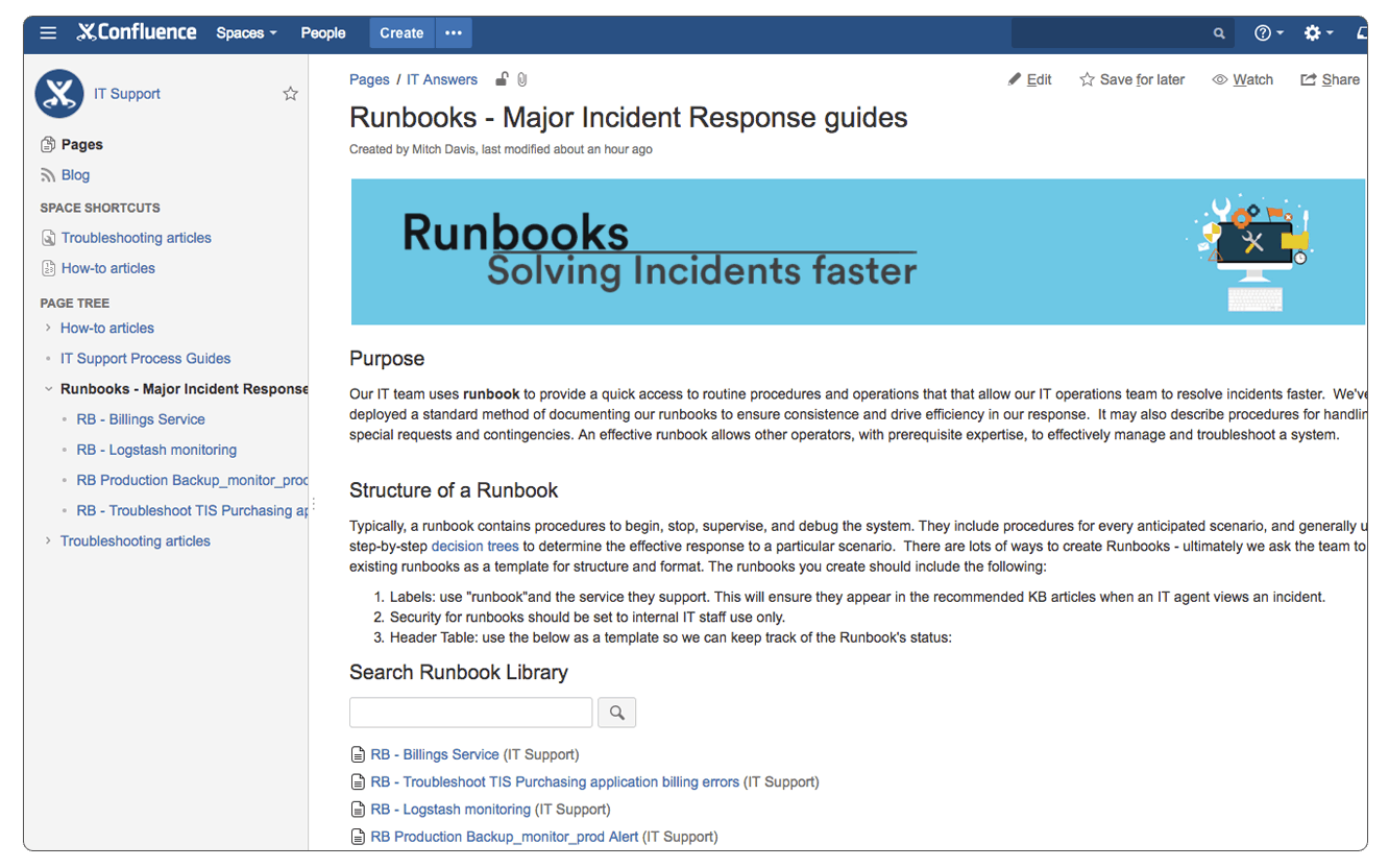 Eine Confluence-Seite ‘Runbooks – Major Incident Response guides’ mit Suchleiste und Artikelliste