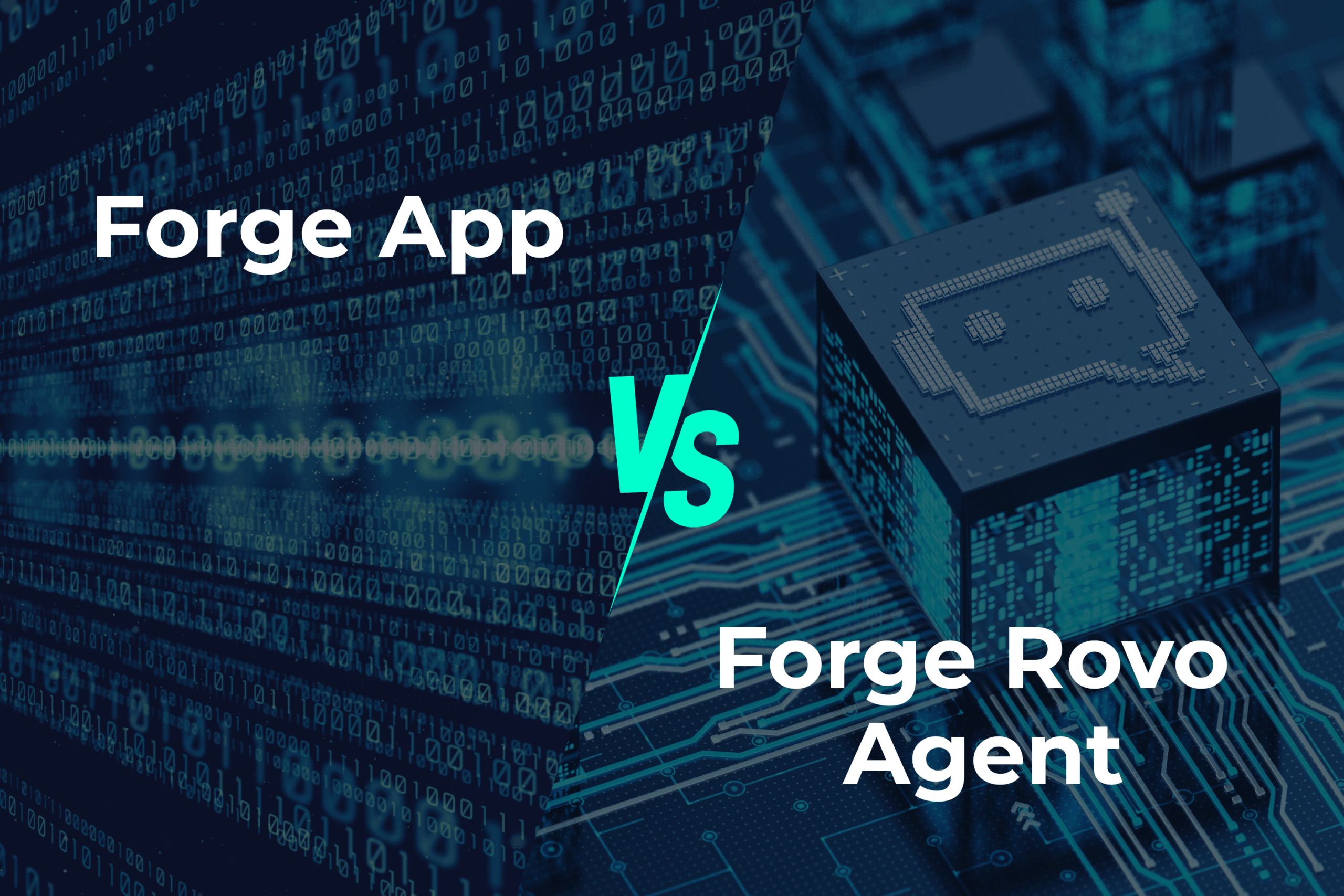 Forge App vs. Forge Rovo Agent – Vergleichsgrafik mit Binärcode und Mikrochip auf Leiterplatte.