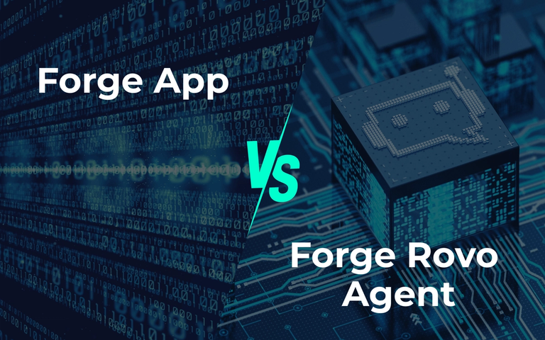 Forge App vs. Forge Rovo Agent – Vergleichsgrafik mit Binärcode und Mikrochip auf Leiterplatte.