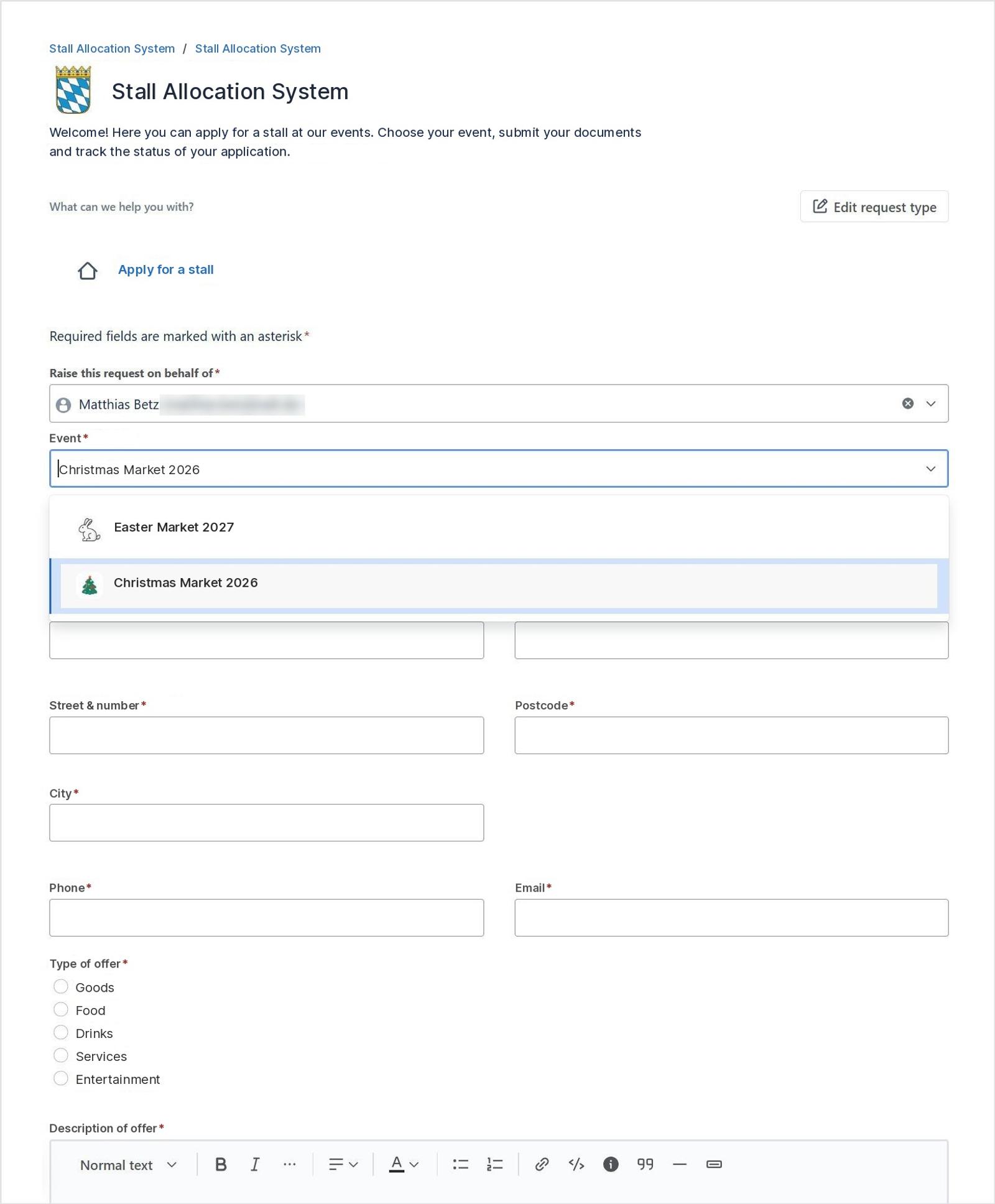 Form: applying for a stall in the self-service portal