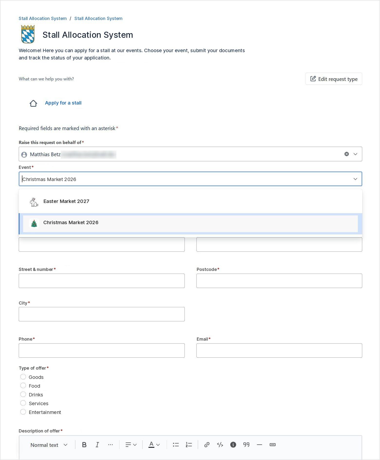 Form: applying for a stall in the self-service portal