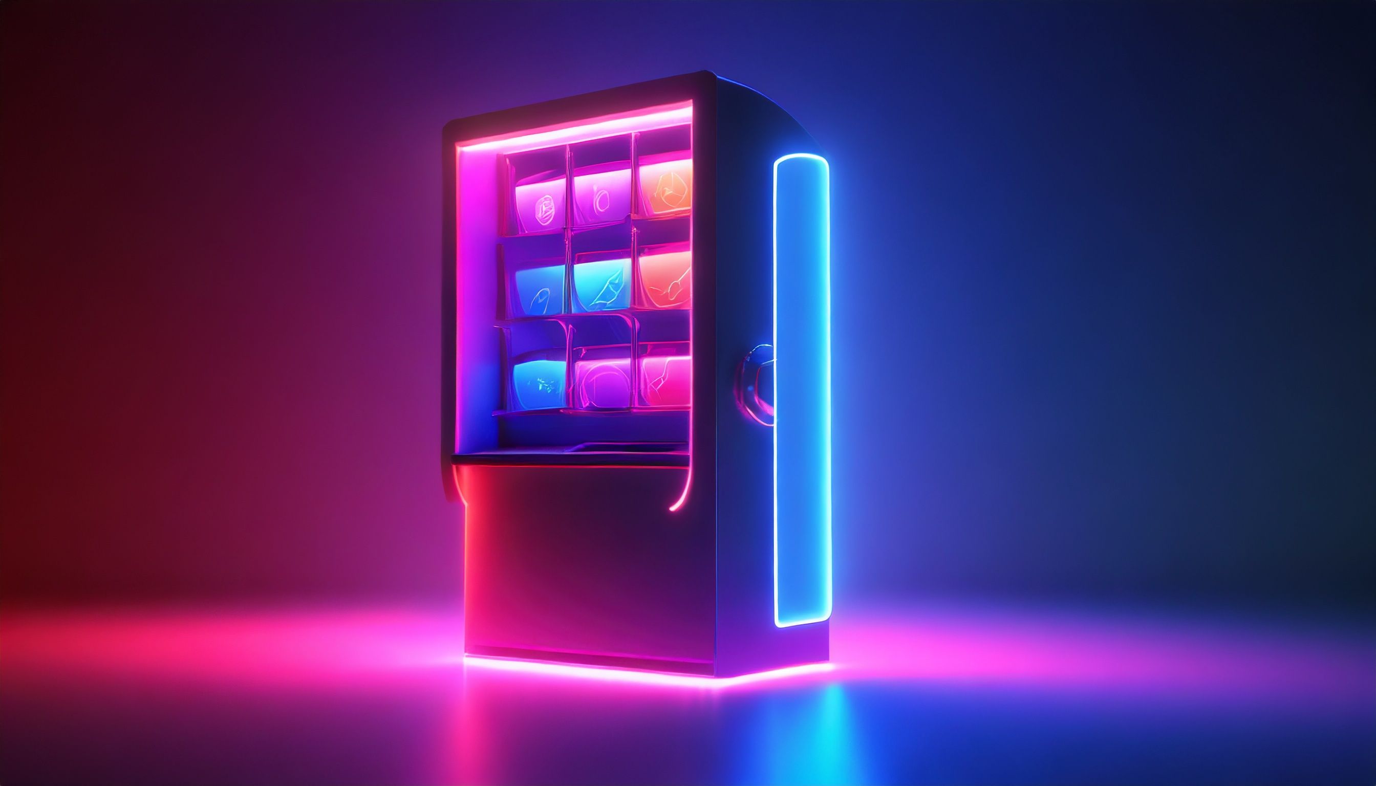 Ein leuchtender Automat mit gefüllten Fächern in Pink und Blau