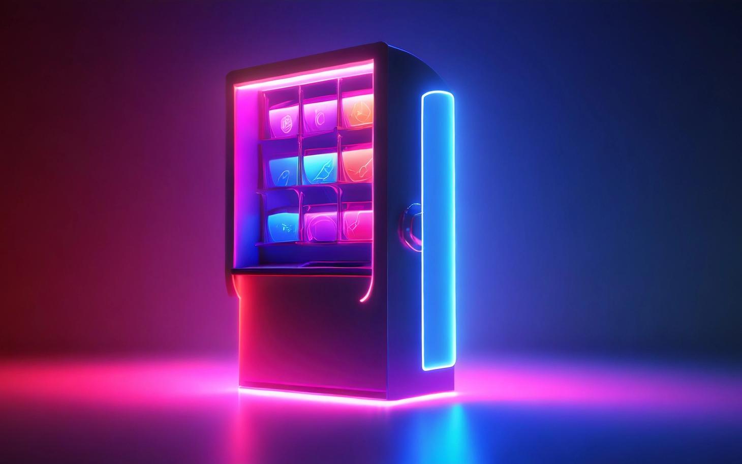 A glowing vending machine with filled compartments in pink and blue