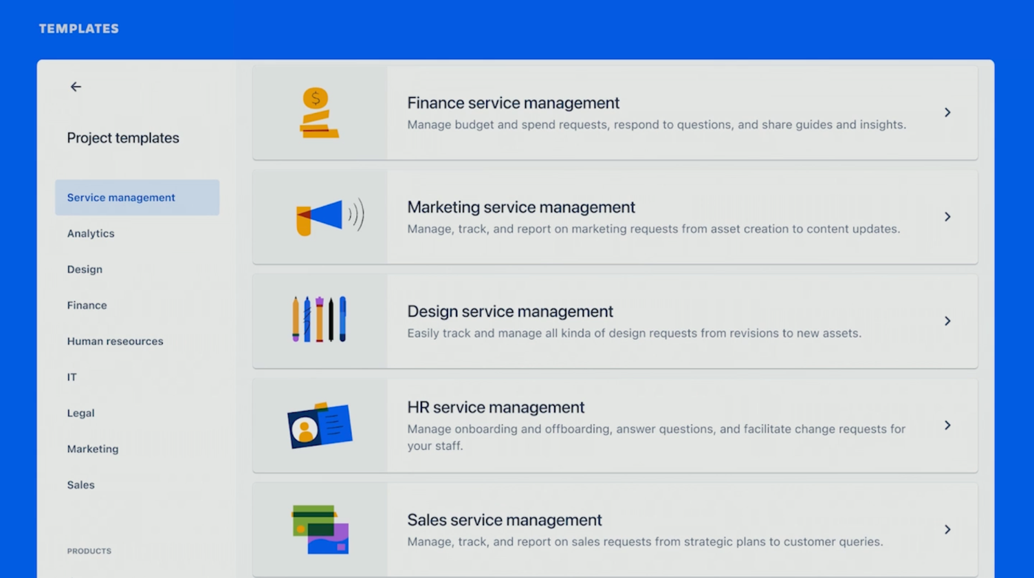 Die Vorlagenauswahl in Jira Service Management: links Kategorien, rechts Einträge für Finance, Marketing, Design, HR und Sales service management