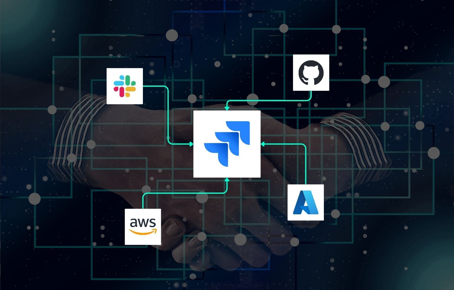 Jira-Logo in der Mitte, verbunden mit Slack, GitHub, AWS und Azure über grüne Linien auf dunklem Hintergrund.