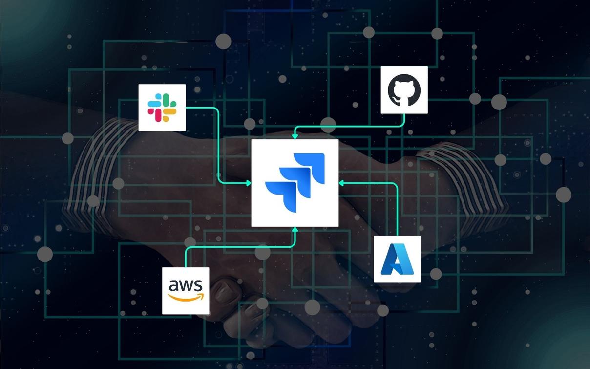 Jira-Logo in der Mitte, verbunden mit Slack, GitHub, AWS und Azure über grüne Linien auf dunklem Hintergrund.