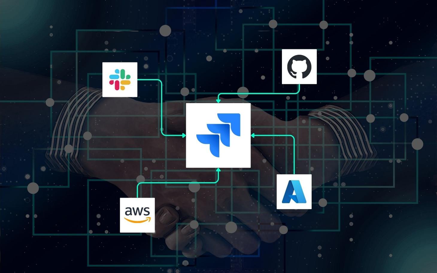 Jira logo at center connected via green lines to Slack, GitHub, AWS and Azure logos on dark background.