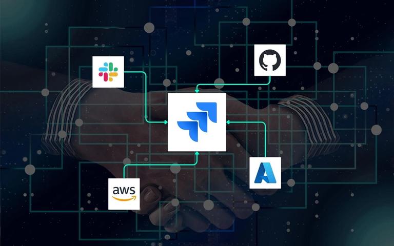 Jira-Logo in der Mitte, verbunden mit Slack, GitHub, AWS und Azure über grüne Linien auf dunklem Hintergrund.