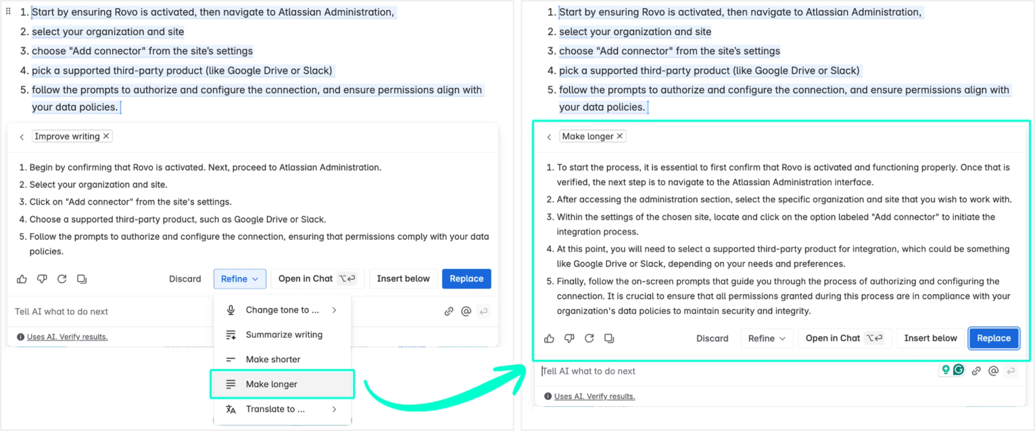 Zwei Screenshots nebeneinander: links das Rovo-Menü „Refine" mit der markierten Option „Make longer", rechts derselbe Text in einer ausführlicheren Fassung