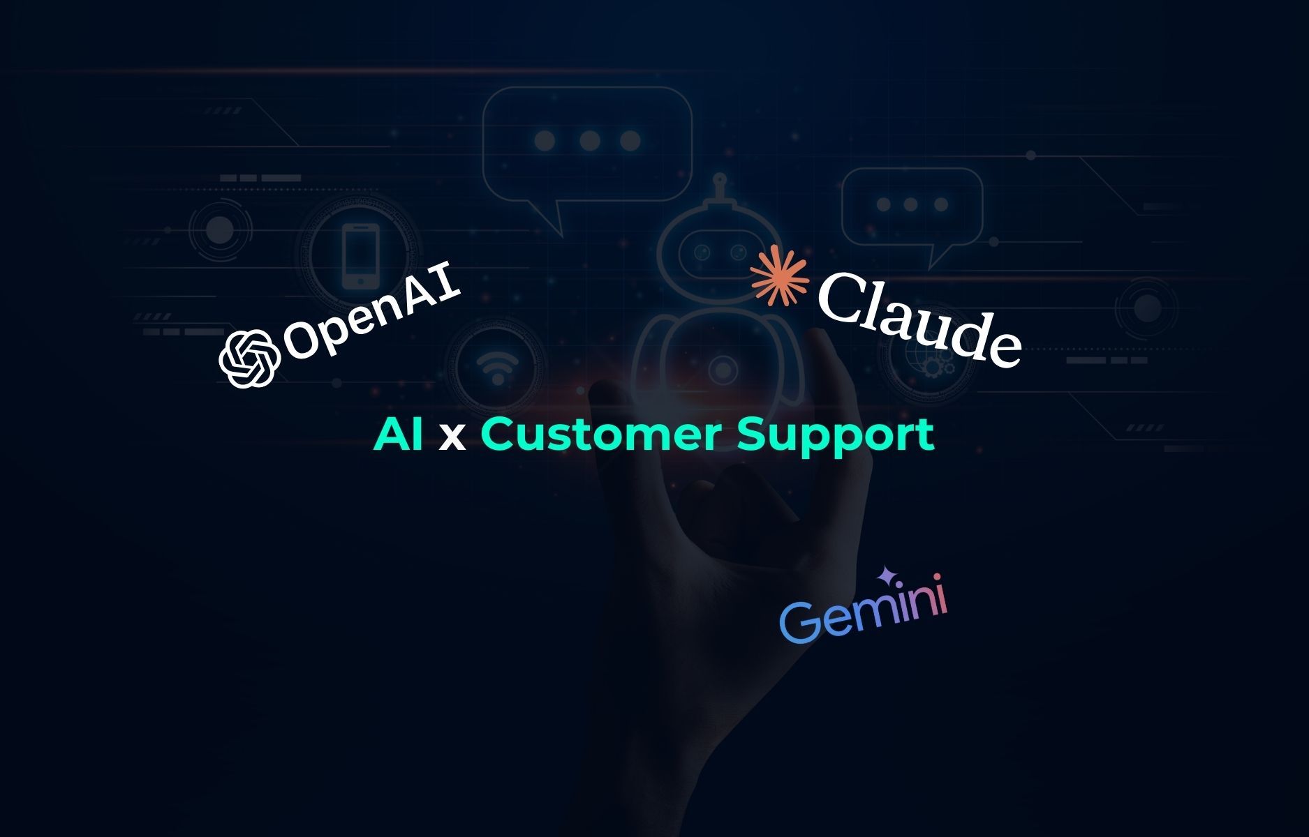 Hand tippt auf digitalen Bildschirm mit KI-Kundensupport-Icon, umgeben von OpenAI-, Claude- und Gemini-Logos.