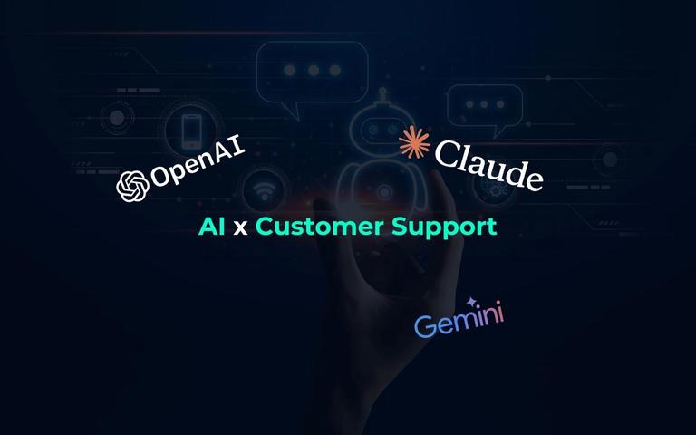 Hand tippt auf digitalen Bildschirm mit KI-Kundensupport-Icon, umgeben von OpenAI-, Claude- und Gemini-Logos.