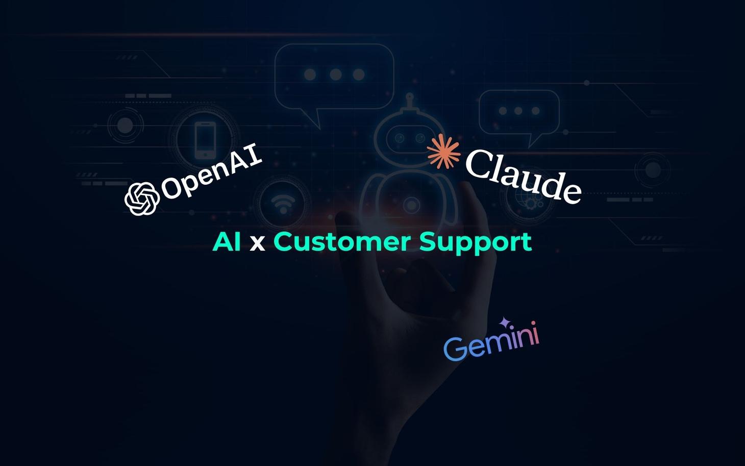 Hand tippt auf digitalen Bildschirm mit KI-Kundensupport-Icon, umgeben von OpenAI-, Claude- und Gemini-Logos.