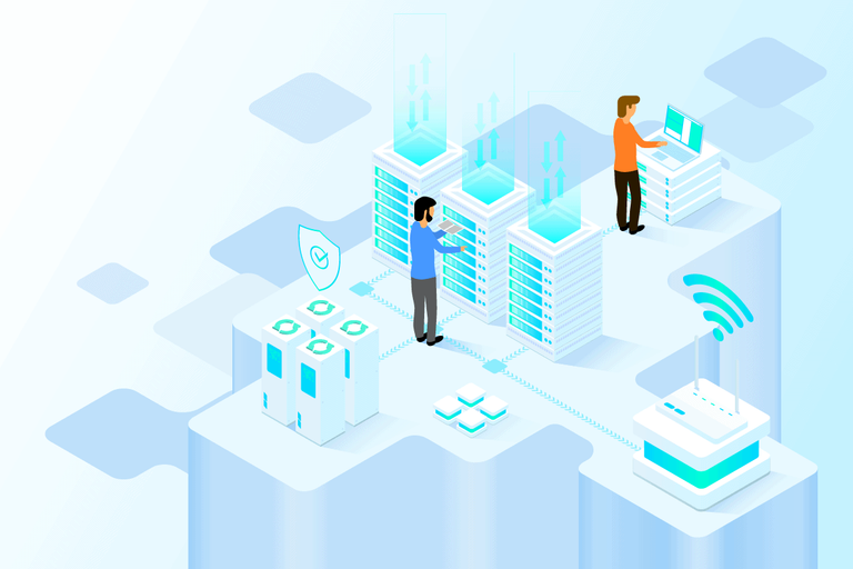 Isometrische Illustration von Servern mit zwei Personen, einem Schutzschild-Symbol und einem Router – für Wartung und Management von Atlassian-Anwendungen
