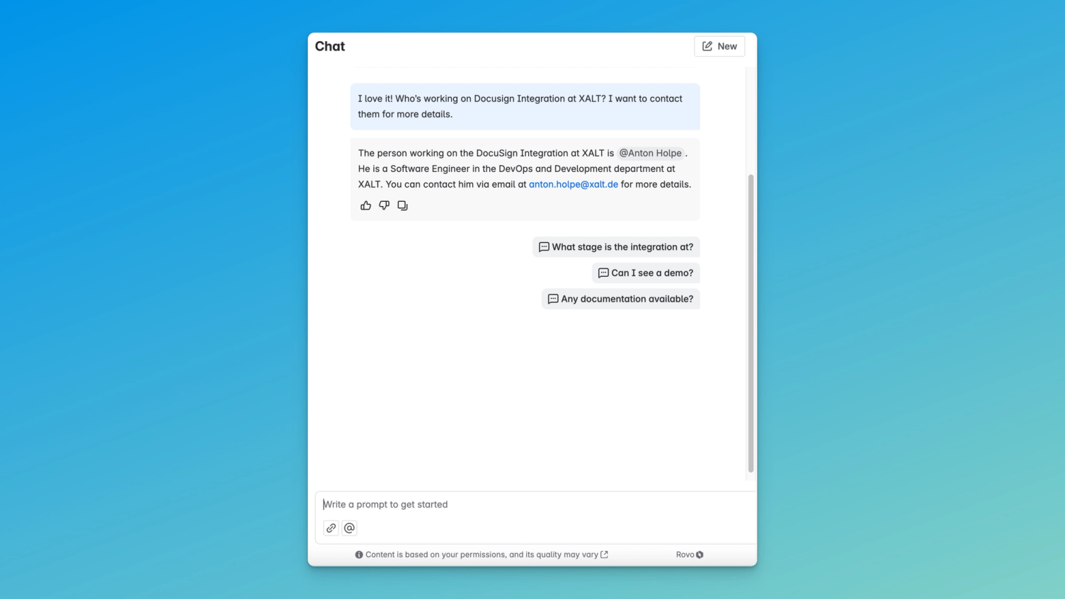 Screenshot eines Rovo-Chats: auf die Frage nach der zuständigen Ansprechperson antwortet der Assistent mit Namen und Zuständigkeiten
