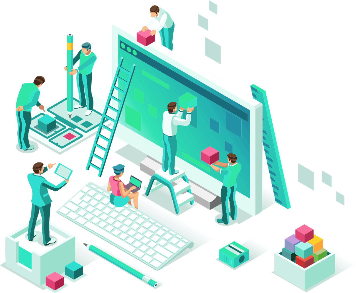 Several people work with a ladder, keyboard, building blocks, ruler, and pencil on a large screen