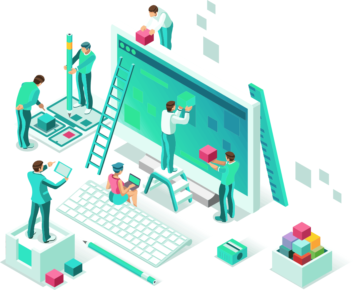 Several people work with a ladder, keyboard, building blocks, ruler, and pencil on a large screen