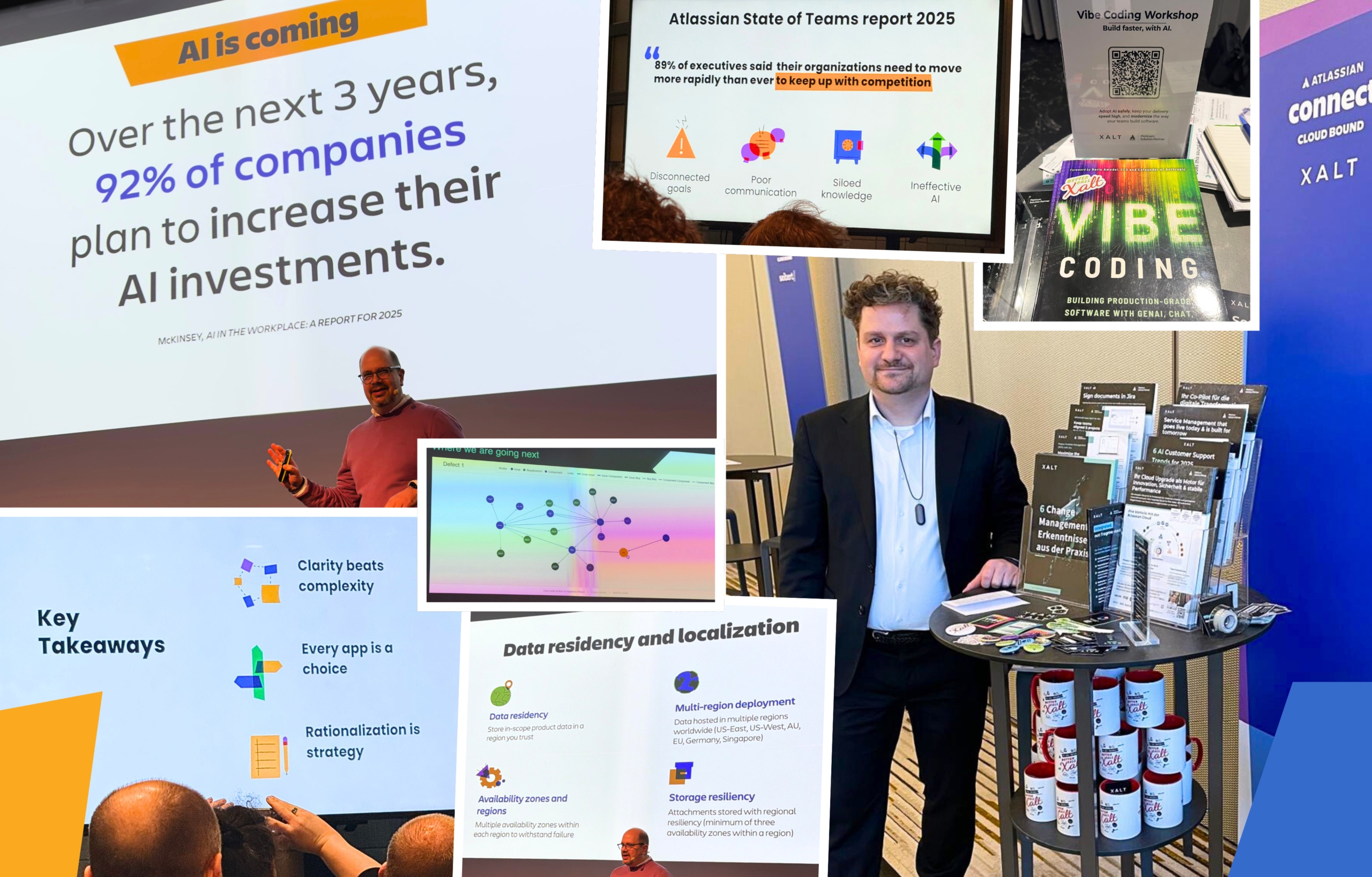 Collage: XALT-Auftritt auf der Atlassian Cloud Bound 2026 – Präsentation, Messestand mit Broschüren und Merchandise.